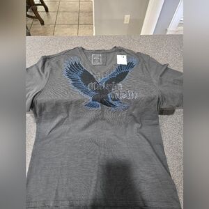 Calvin Klein Gray V-Neck Tee with Blue Eagle Graphic